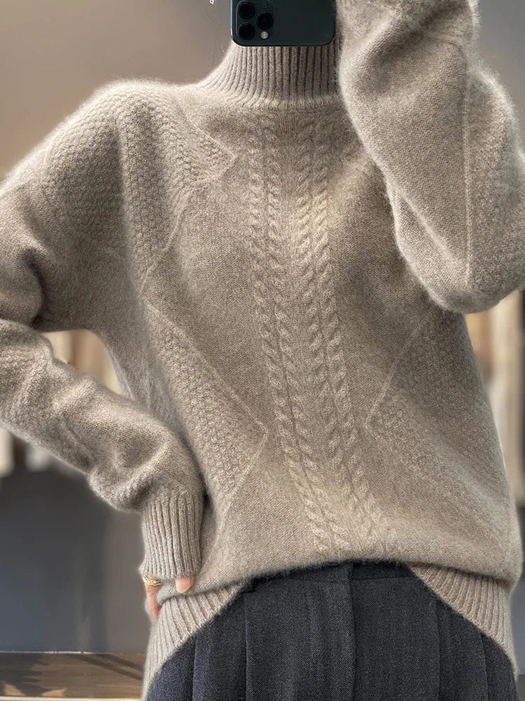 Ellis Womens Cashmere Turtleneck Sweater, Cable Knit in Gray