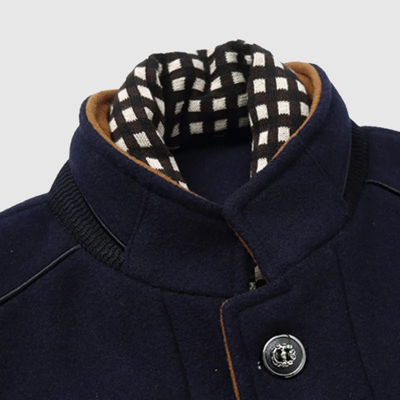 Men's Wool Blend Coat, Checkered Lining | Stand-Up Collar, Metallic Button Front | Black, Blue or Khaki | S–XXL