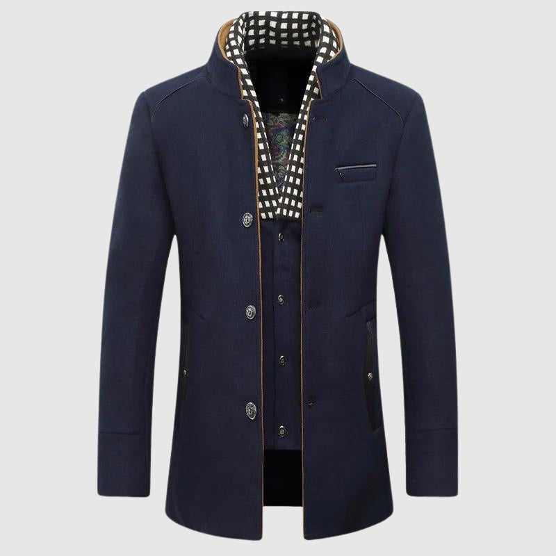 Men's Wool Blend Coat, Checkered Lining | Stand-Up Collar, Metallic Button Front | Black, Blue or Khaki | S–XXL