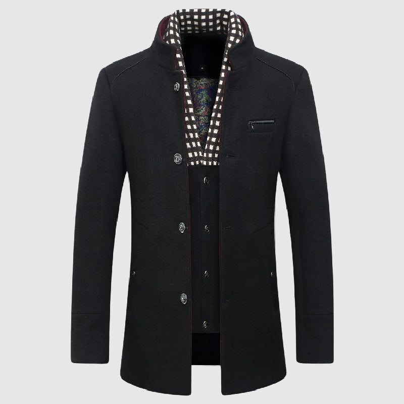 Men's Wool Blend Coat, Checkered Lining | Stand-Up Collar, Metallic Button Front | Black, Blue or Khaki | S–XXL