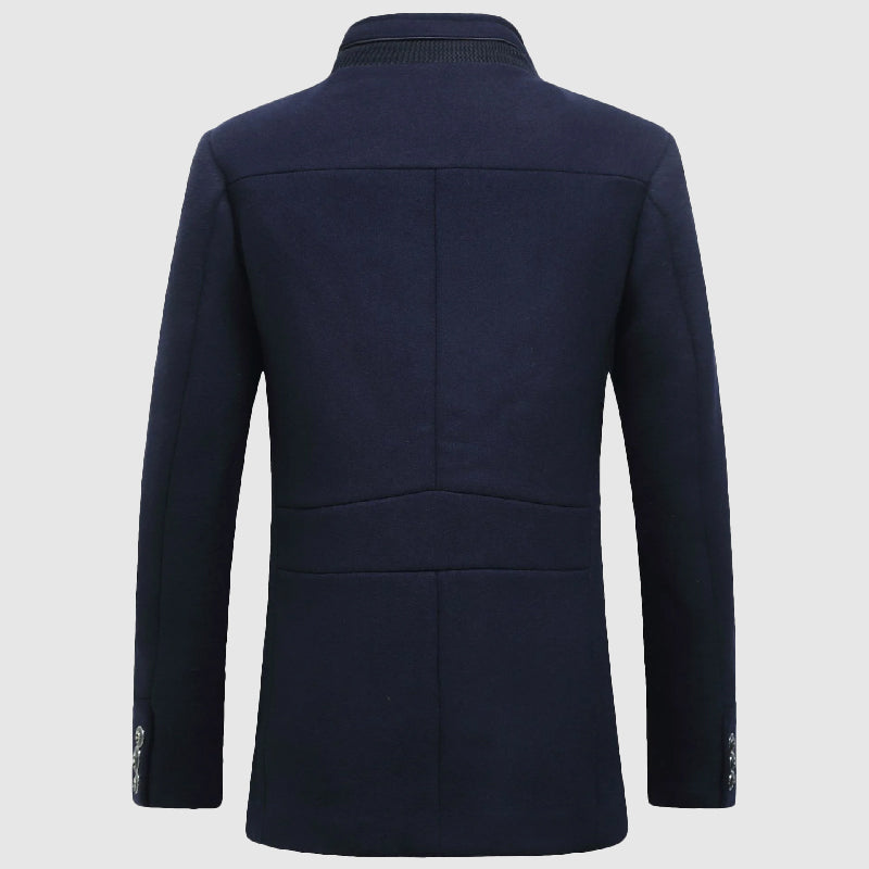 Men's Wool Blend Coat, Checkered Lining | Stand-Up Collar, Metallic Button Front | Black, Blue or Khaki | S–XXL