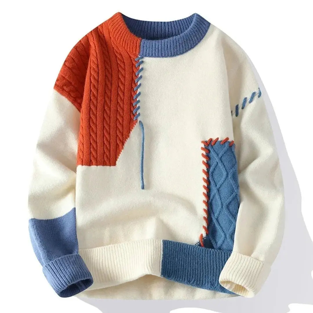 Wade Mens Patchwork Sweater in Cotton Knit in Blue