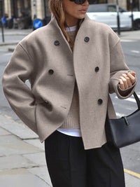 Charlene | Womens Double Breasted Pea Coat with Stand Collar | Relaxed Fit, Button Front | Taupe, Gray, Black or Khaki S-L