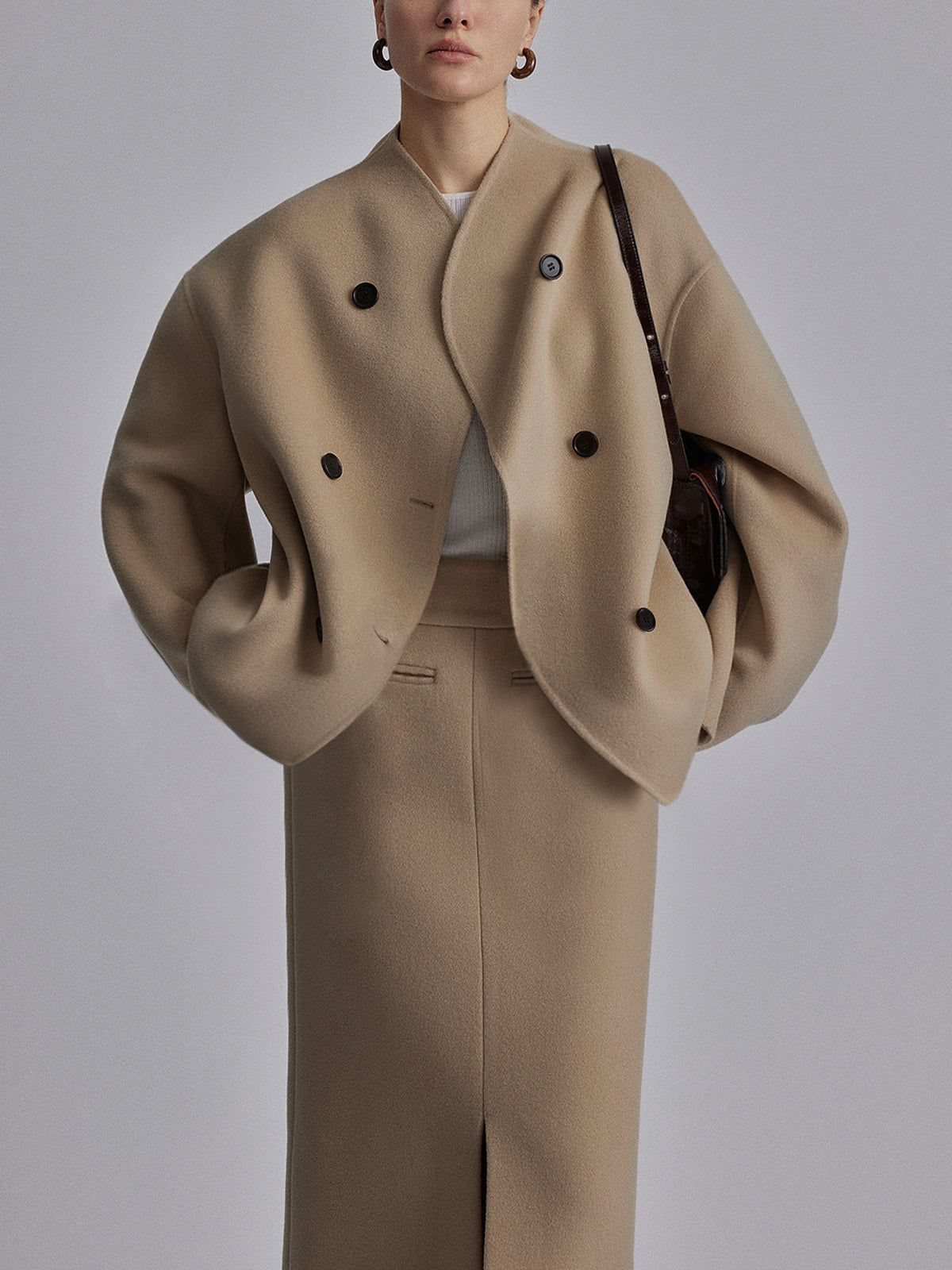 Charlene Womens Double Breasted Pea Coat with Stand Collar in Khaki
