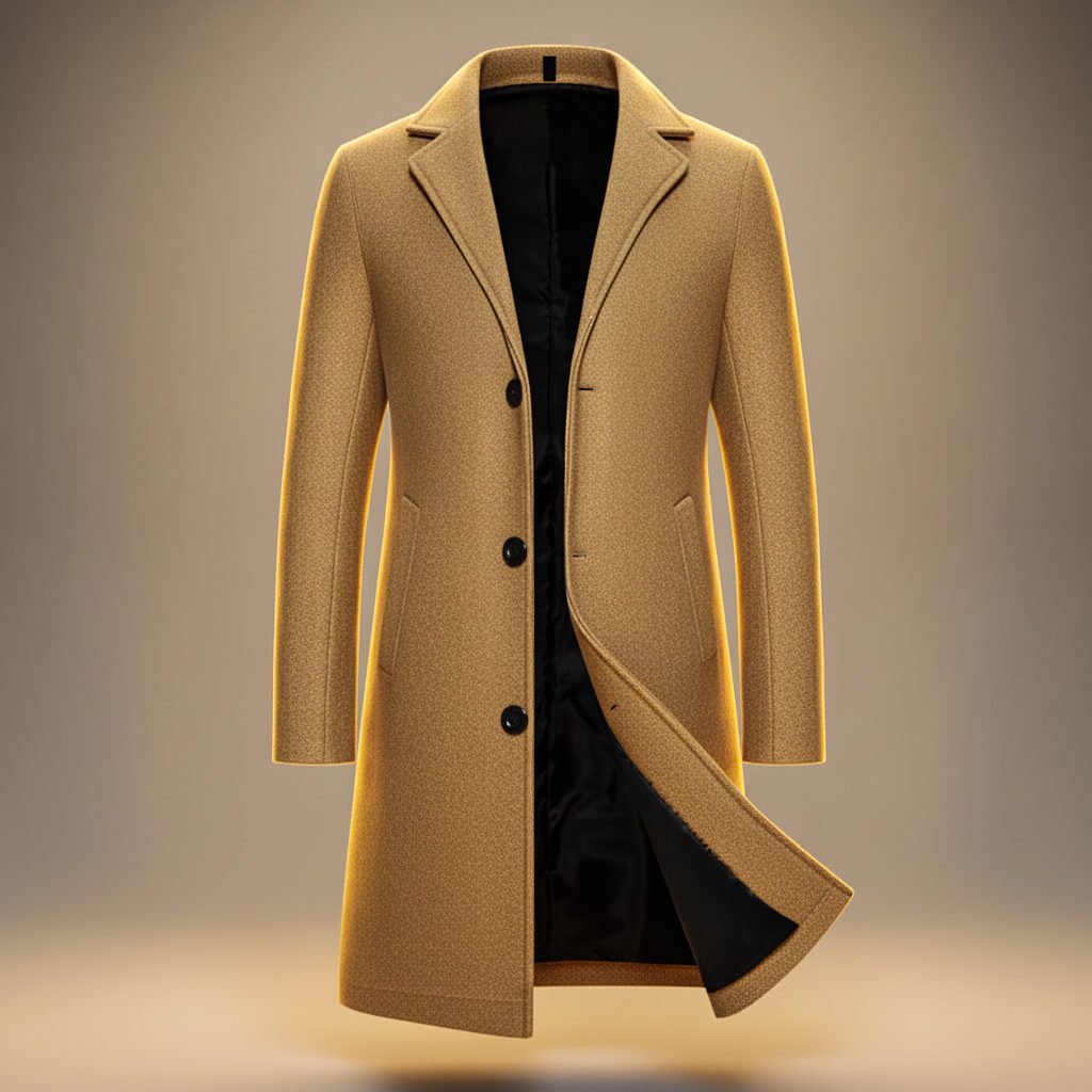 Aston Mens Peruvian Cotton Coat, Three-Button Closure in Khaki Brown