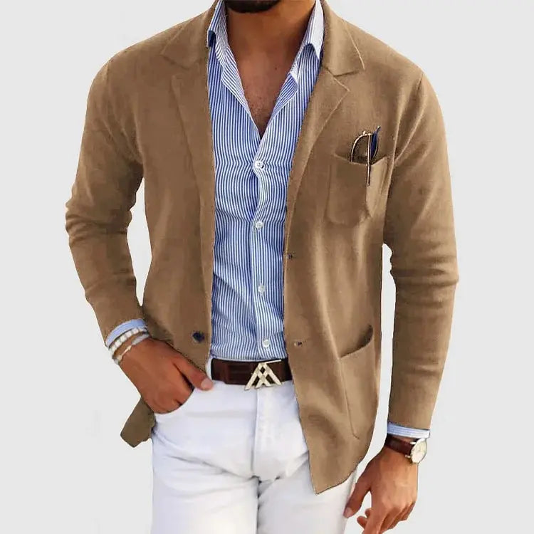 Devin Mens Knit Blazer with Notched Lapel in Beige