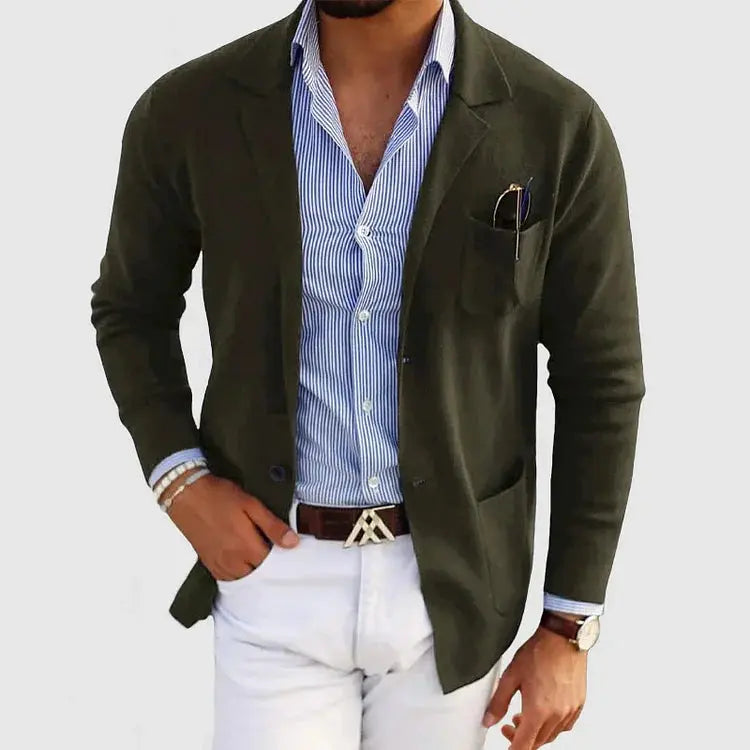 Devin Mens Knit Blazer with Notched Lapel in Dark Green
