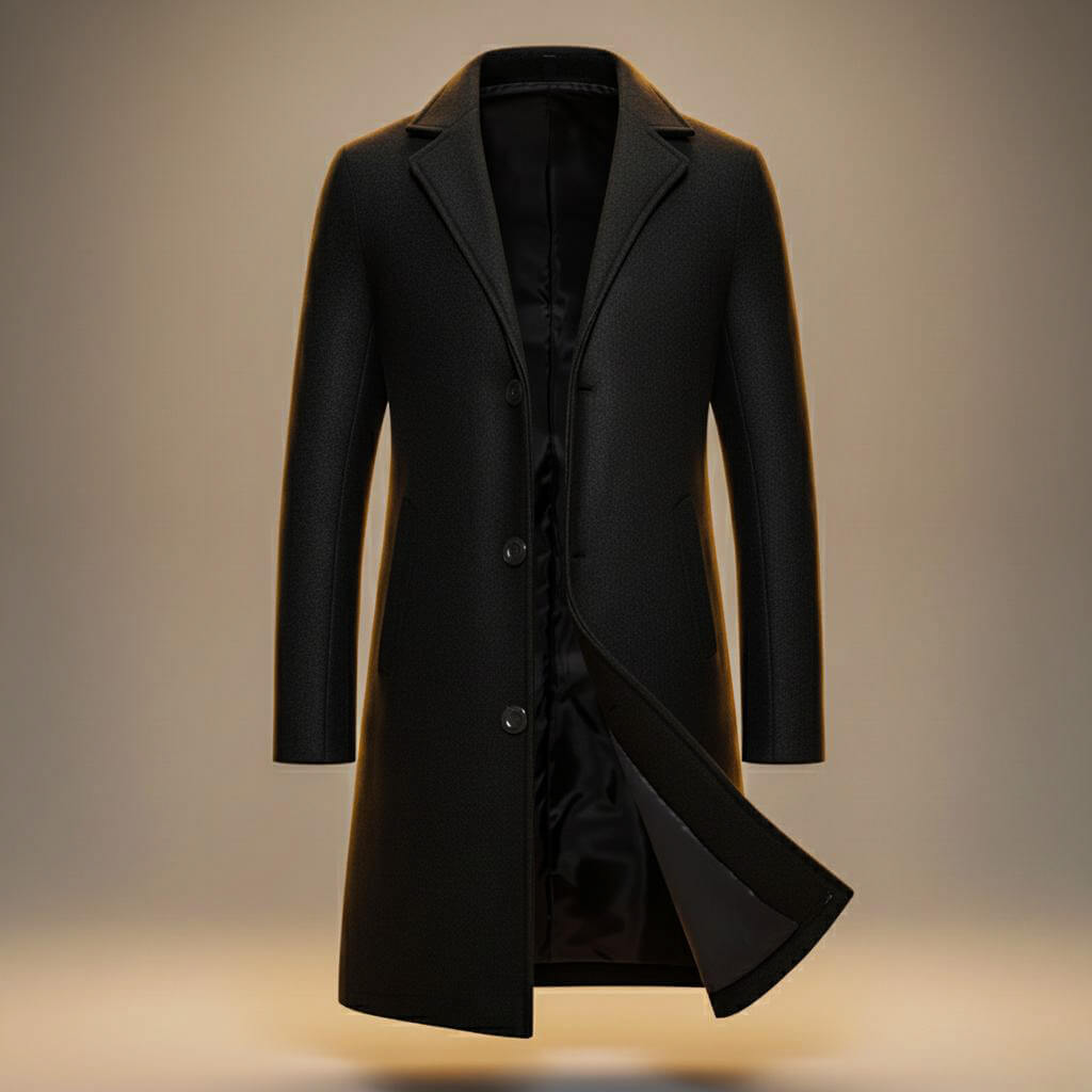 Aston Mens Peruvian Cotton Coat, Three-Button Closure in Black