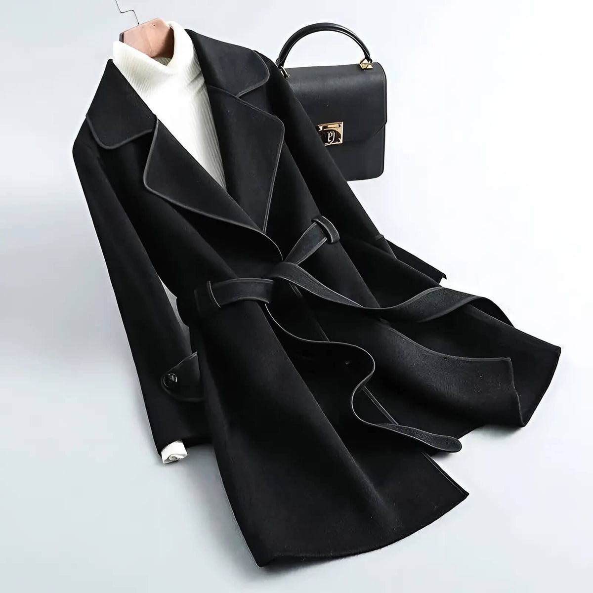 Madison Womens A-Line Wool Blend Coat with Belt in Midnight Black