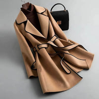Madison | Womens A-Line Wool Blend Coat with Belt | Contrast Piping, Wide Lapel | Beige, Red, Green, Black XS-2XL