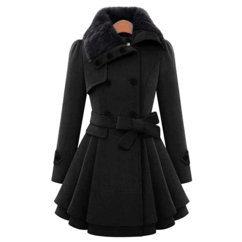 Claudia Womens Belted Trench Coat with Faux Fur Collar in Black