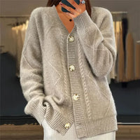 Éléonore | Womens V-Neck Knit Cardigan Sweater | Button Front, Relaxed Oversized Fit | Apricot, Gray, Pink, Red S-XL