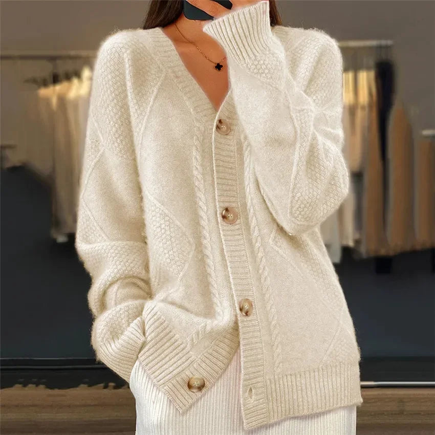 Éléonore Womens V-Neck Knit Cardigan Sweater in Apricot