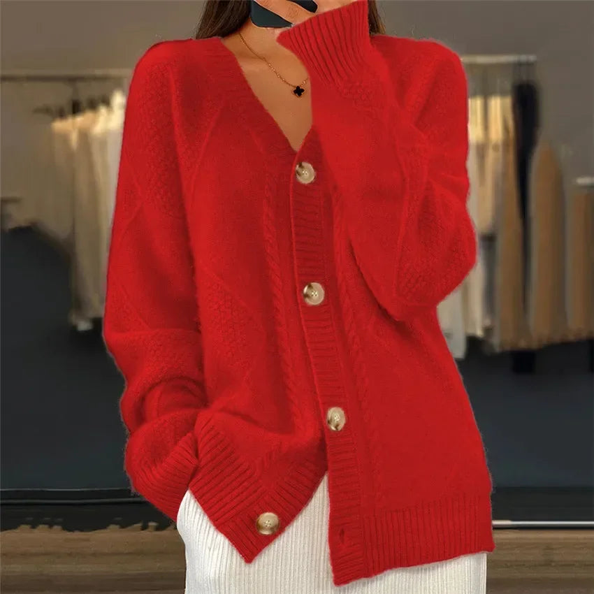 Éléonore Womens V-Neck Knit Cardigan Sweater in Red