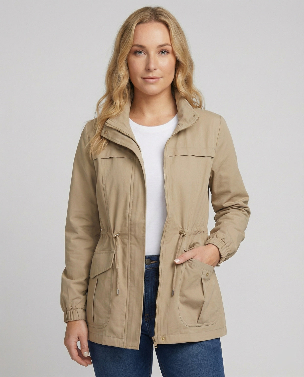 Anna Womens Utility Jacket with Drawstring Waist in Khaki