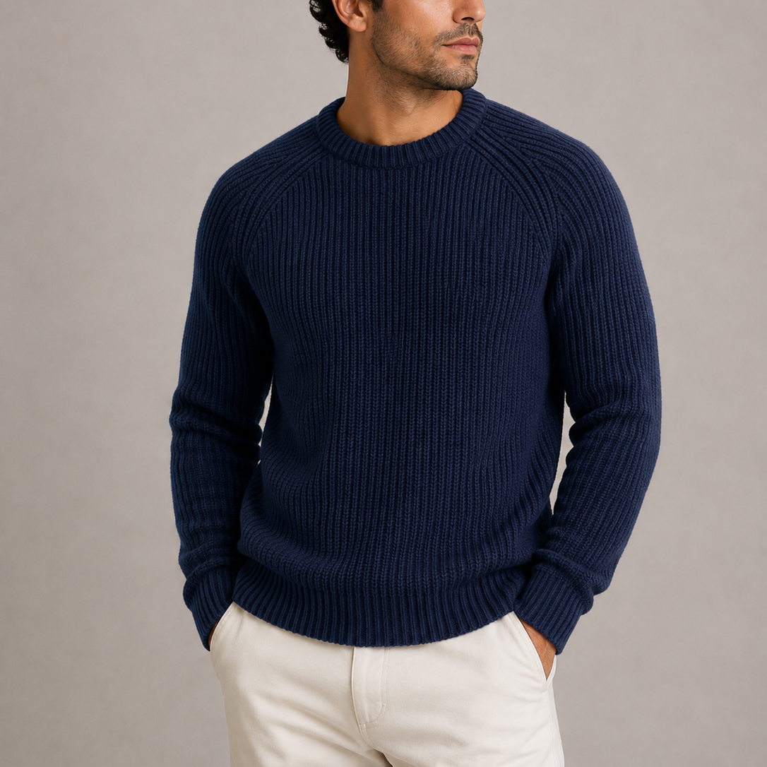 Grant Mens Heavyweight Fisherman Rib Knit Sweater in Navy