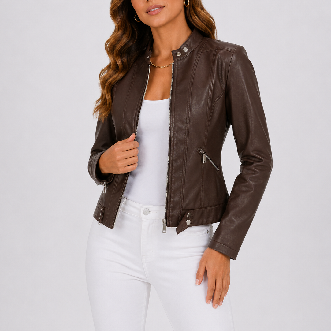 Kara Womens Faux Leather Jacket with Zip Pockets in Brown