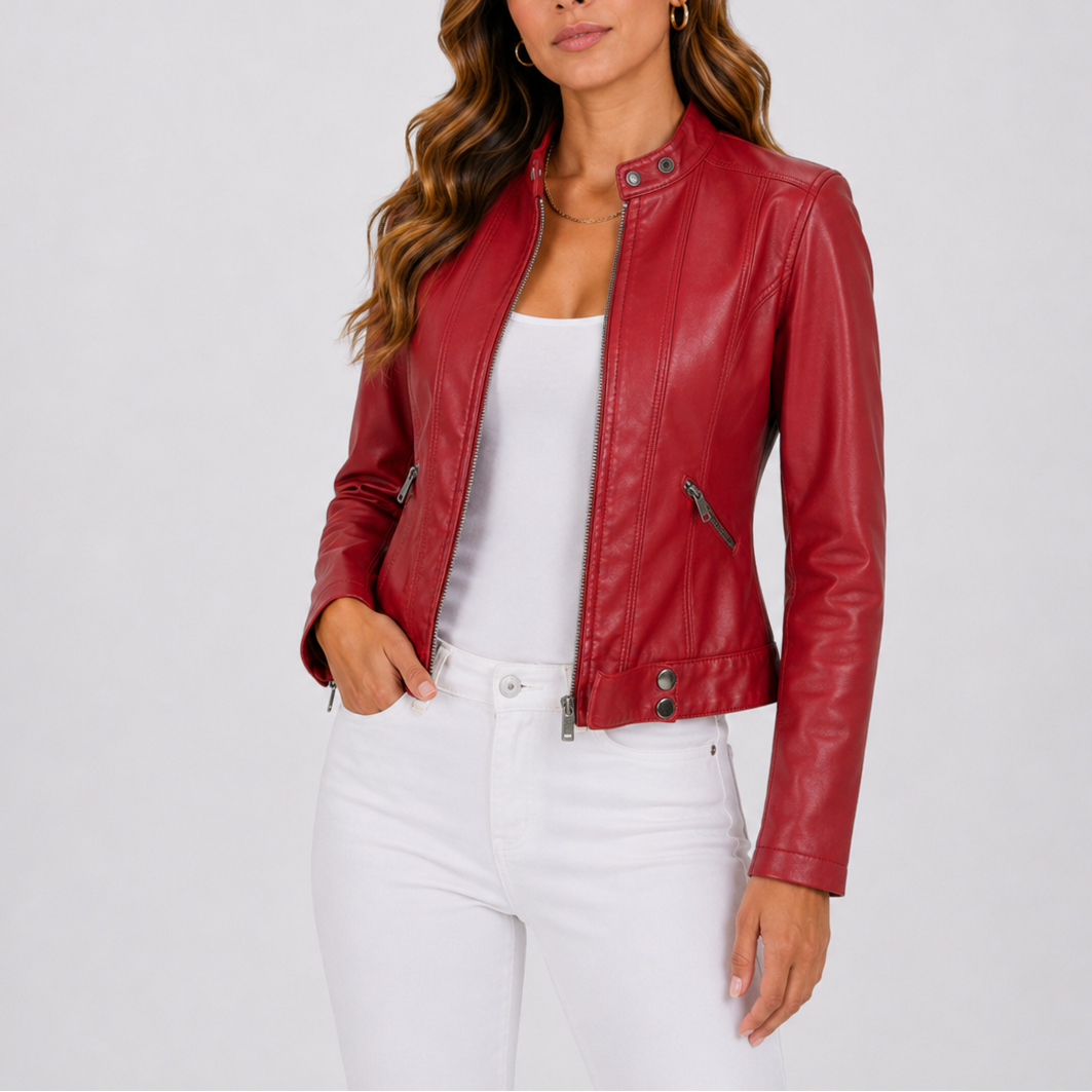 Kara Womens Faux Leather Jacket with Zip Pockets in Red