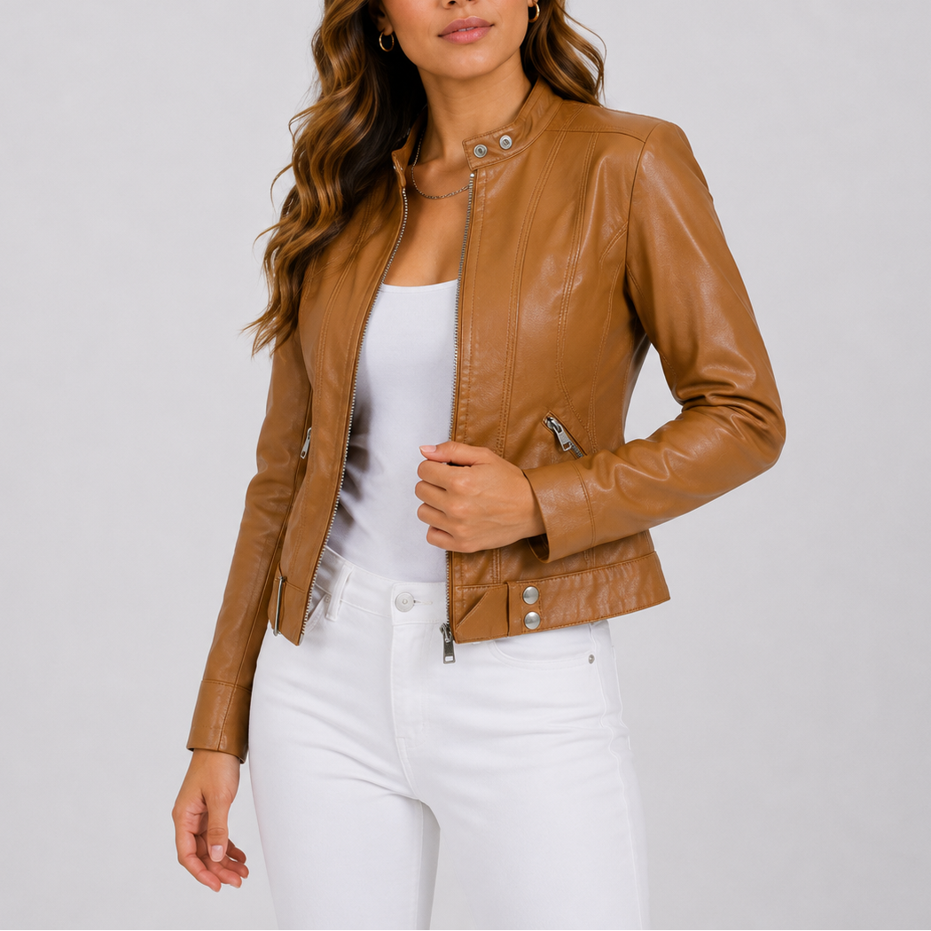 Kara Womens Faux Leather Jacket with Zip Pockets in Light Brown