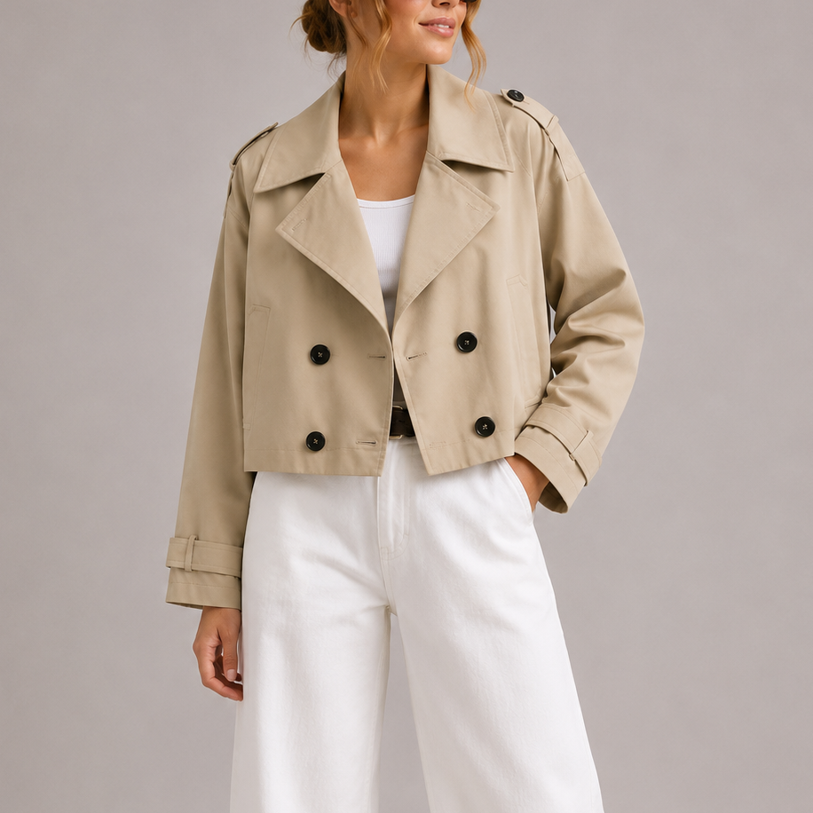 Megan Womens Cropped Trench Coat Jacket in Beige