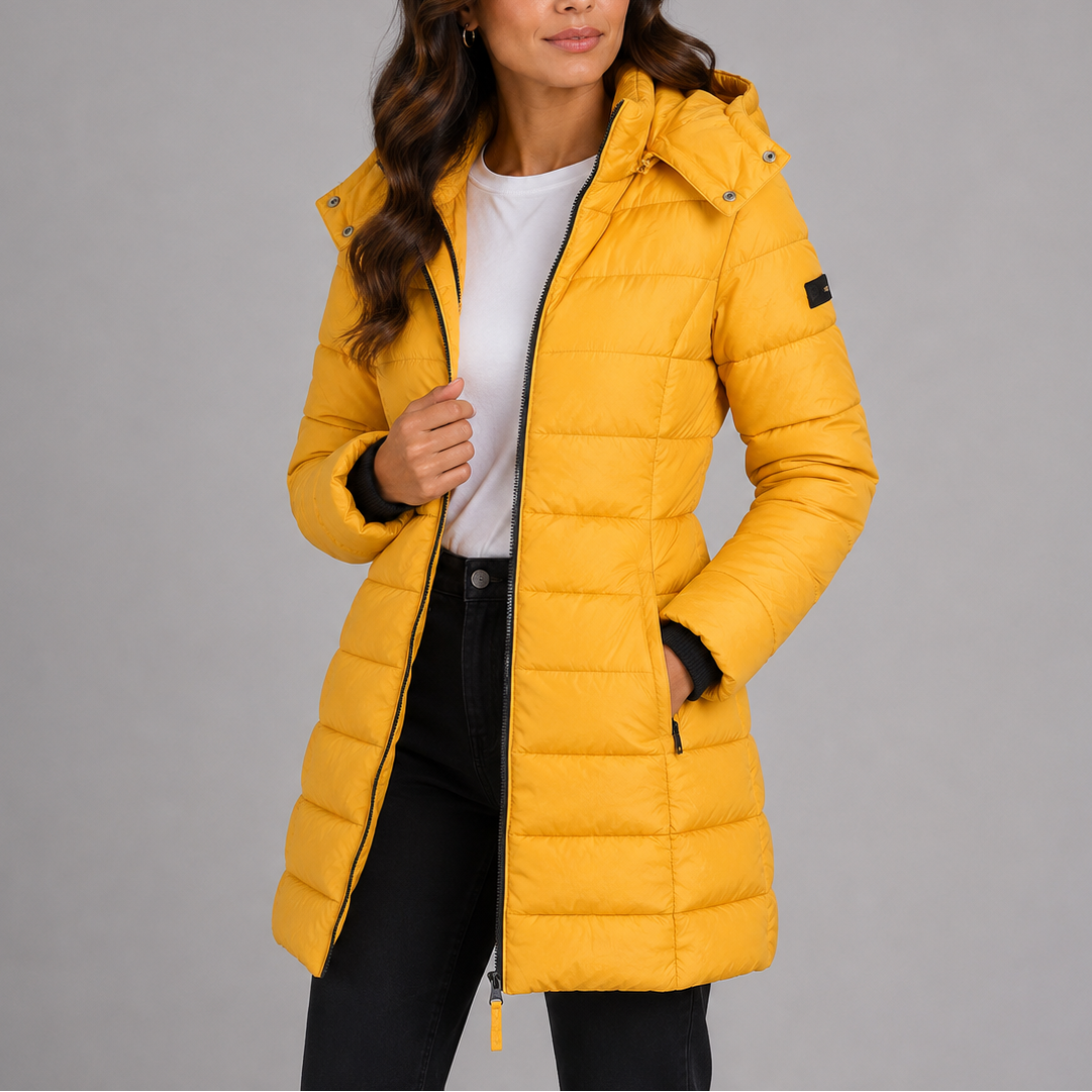 Heidi Womens Long Hooded Puffer Coat, Quilted in Yellow