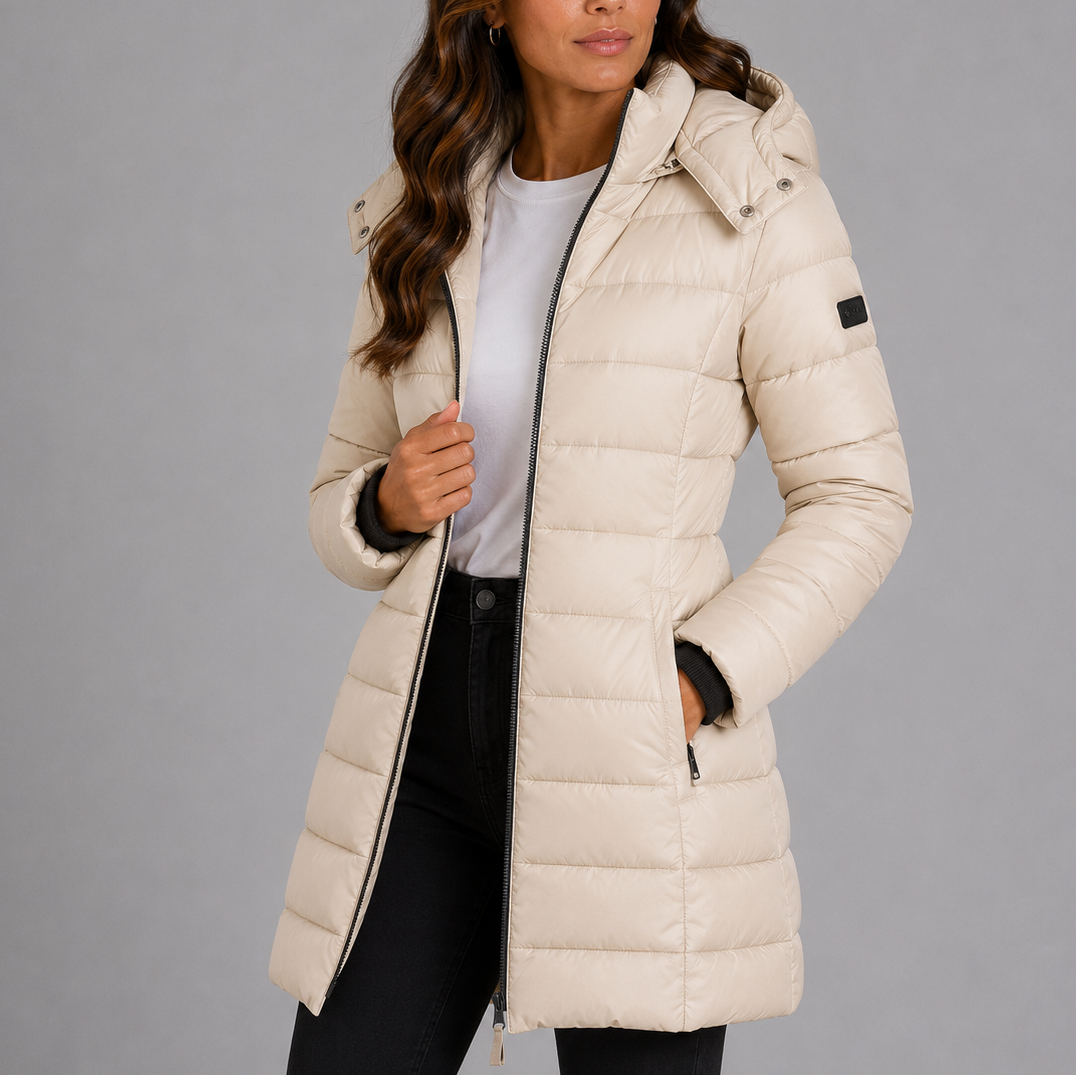 Heidi Womens Long Hooded Puffer Coat, Quilted in Beige