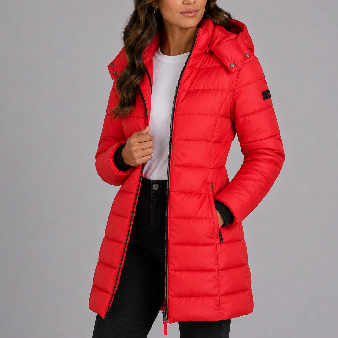 Heidi Womens Long Hooded Puffer Coat, Quilted in Red