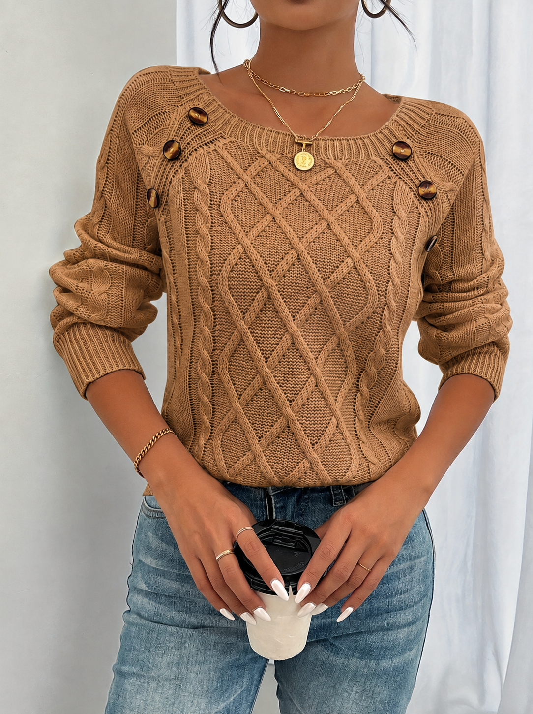 Odaline | Women's Cable Knit Pullover Sweater — Diamond-Texture Crew Neck with Button Shoulder | Westmere