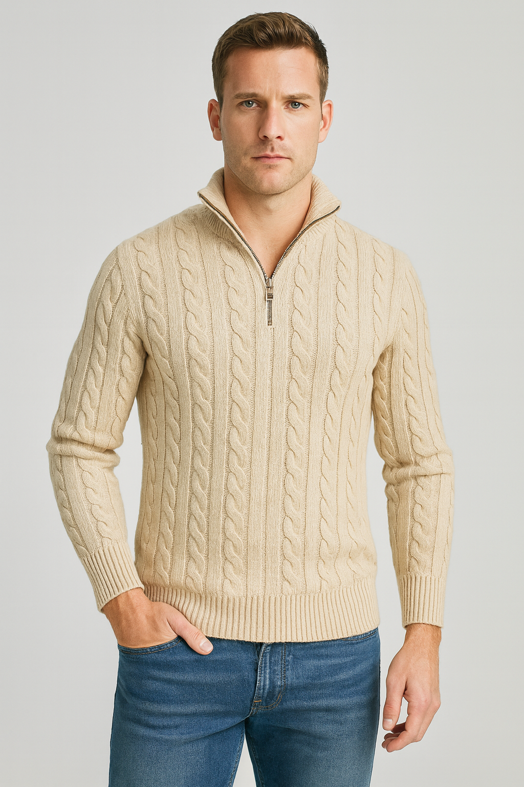 Sean Mens Cable Knit Half-Zip Sweater with High Collar