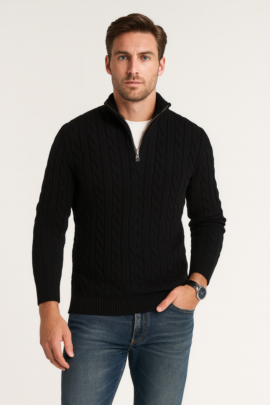 Sean Mens Cable Knit Half-Zip Sweater with High Collar in Black