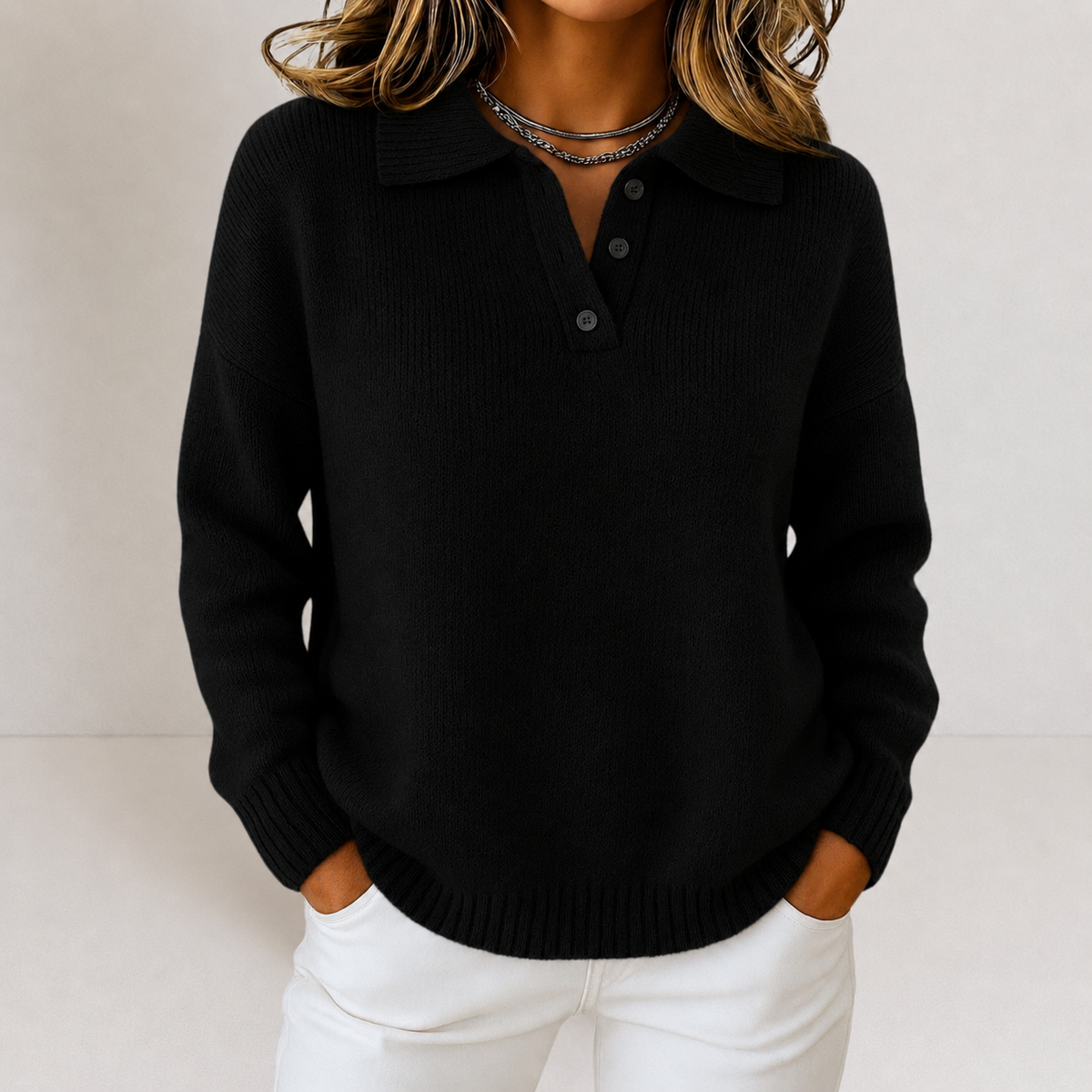 Holly Womens Knit Sweater with Polo Collar and Button Placket in Black