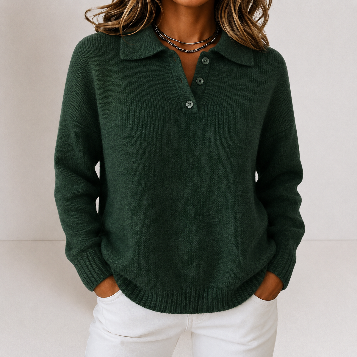 Holly Womens Knit Sweater with Polo Collar and Button Placket in Green