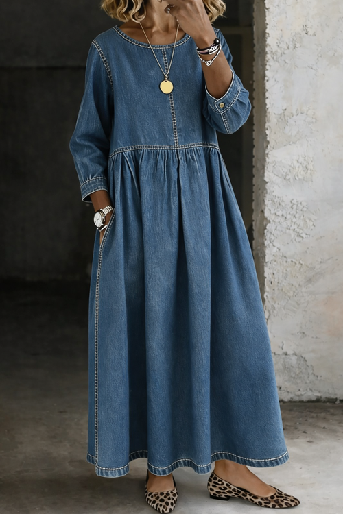 Melissa™ | Round Neck Long Sleeve Denim Dress