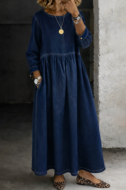 Melissa™ | Round Neck Long Sleeve Denim Dress