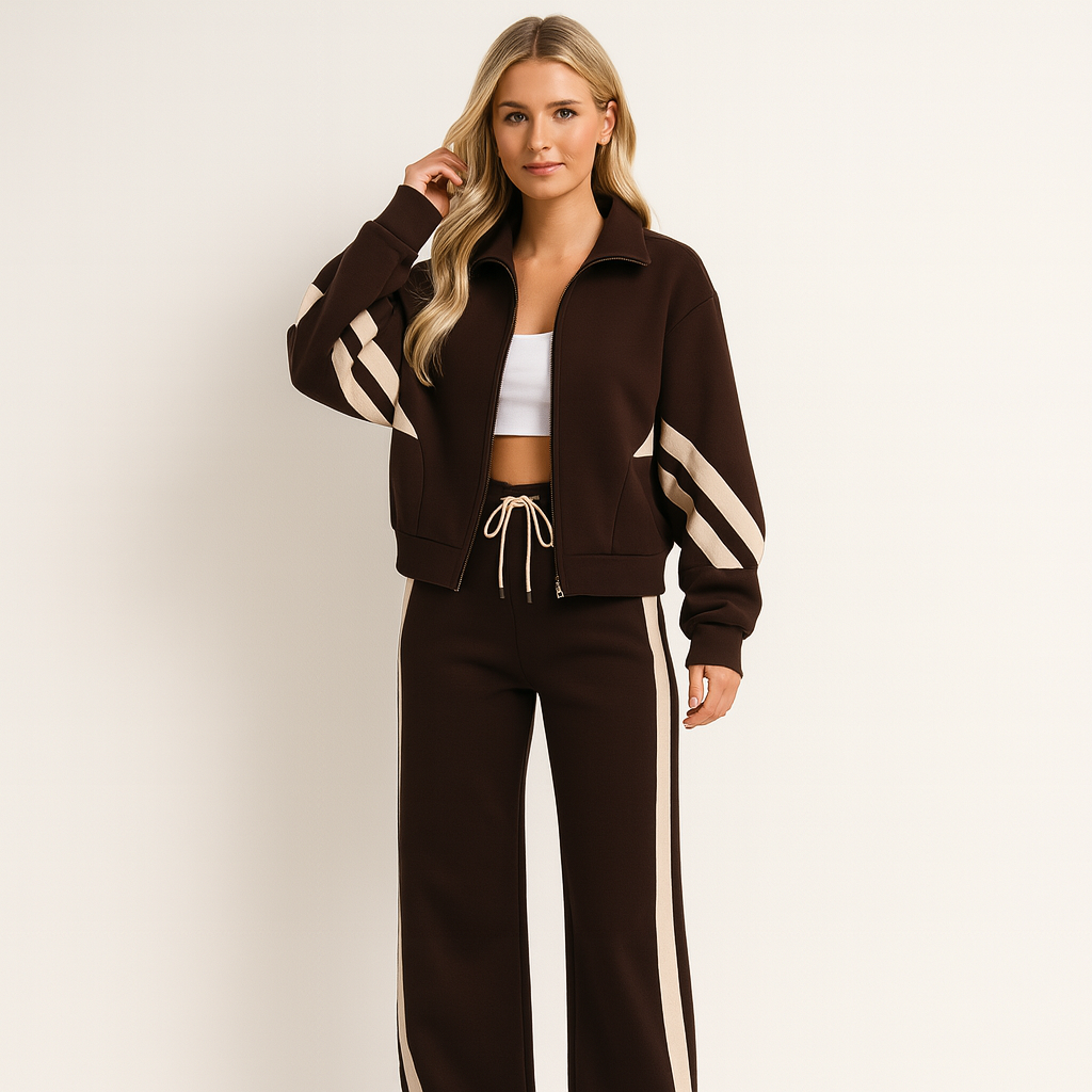 Sara Womens Tracksuit Set with Wide Leg Pants and Zip Jacket in Brown