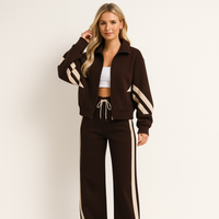 Sara | Womens Tracksuit Set with Wide Leg Pants and Zip Jacket | Side Stripe | Brown, Black, Gray and More S-3XL
