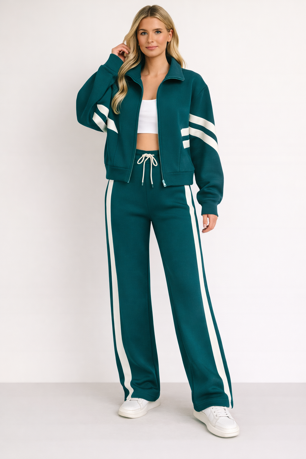 Sara Womens Tracksuit Set with Wide Leg Pants and Zip Jacket in Green
