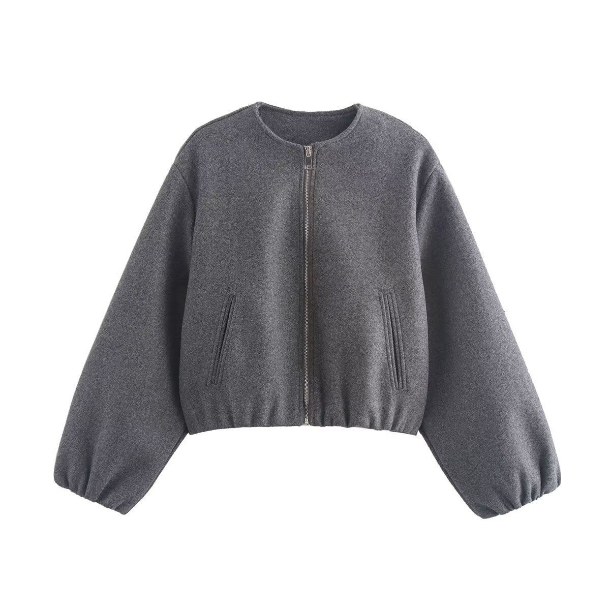 Renee Womens Cropped Bomber Jacket with Ribbed Hem and Cuffs in Dark Gray