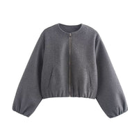 Renee | Womens Cropped Bomber Jacket with Ribbed Hem and Cuffs | Relaxed Fit, Zip Front | Dark Gray, Beige S-2XL