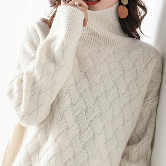Cassandra Womens Turtleneck Sweater with Woven Pattern in Beige