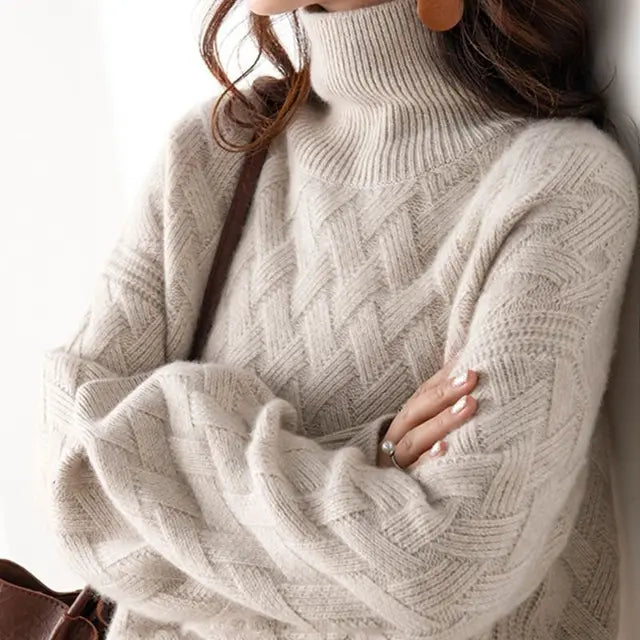 Cassandra Womens Turtleneck Sweater with Woven Pattern in Camel