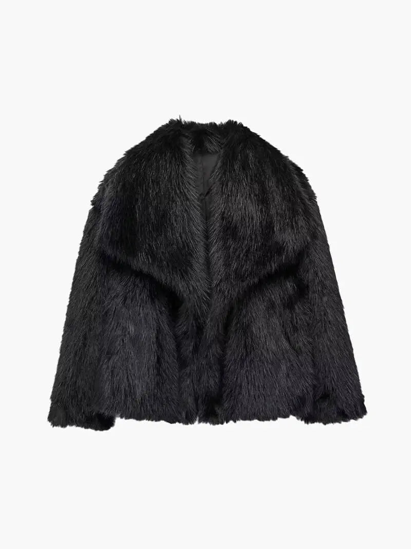 Michelle Womens Faux Fur Coat with Wide Lapel Collar in Black