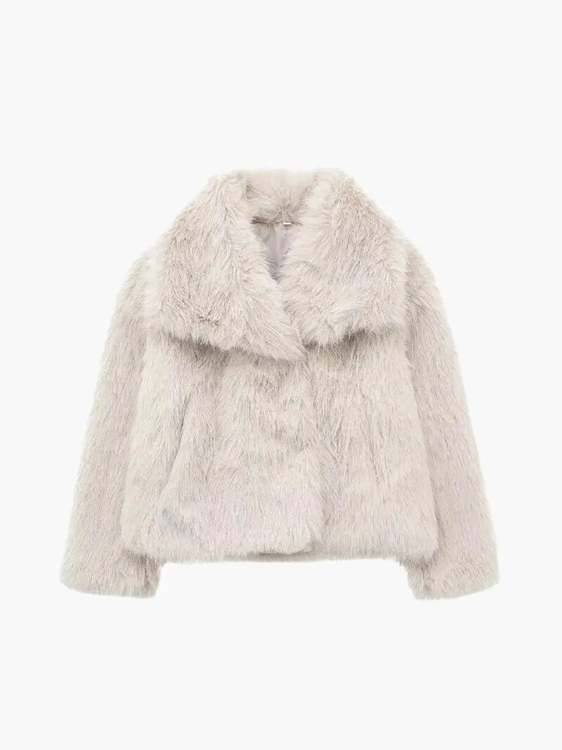 Michelle Womens Faux Fur Coat with Wide Lapel Collar in Cream