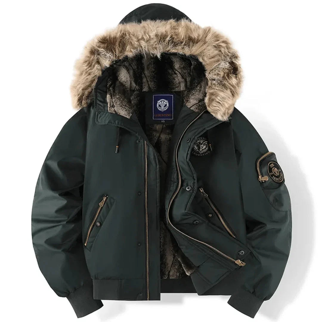 Will Mens Faux Fur Jacket, Quilted Bomber with Hood in Dark Green