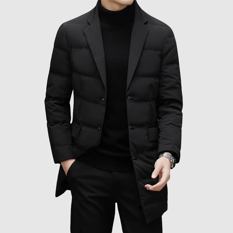 Men's Winter Down Jacket, Duck Down Filled | Tailored Lapel Collar, Button-Front & Side Pockets | Black | S–XXL