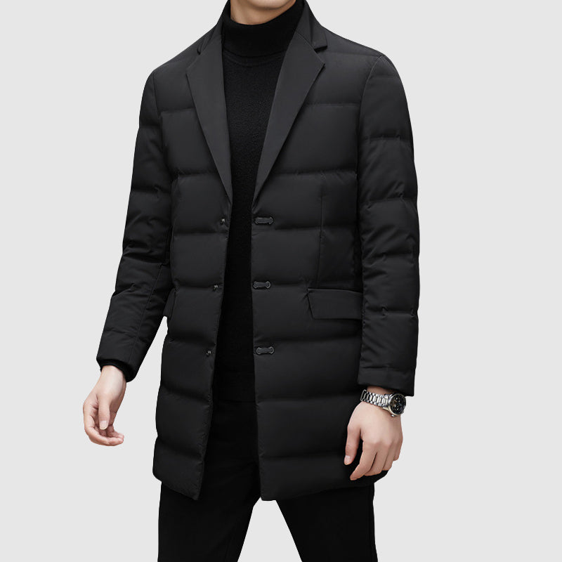 Men's Winter Down Jacket, Duck Down Filled | Tailored Lapel Collar, Button-Front & Side Pockets | Black | S–XXL