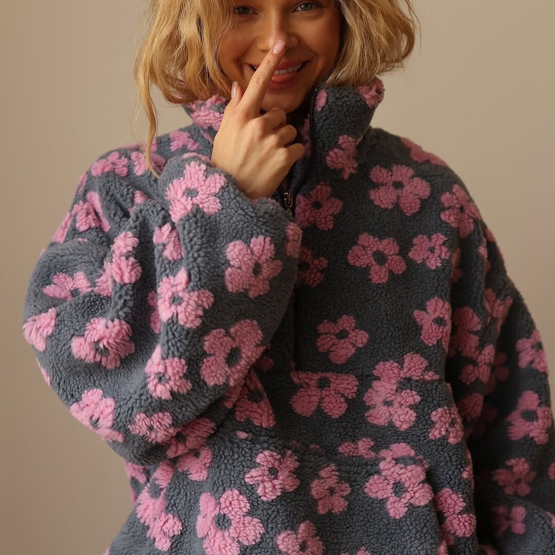 Erica Womens Floral Teddy Fleece Jacket with Half Zip