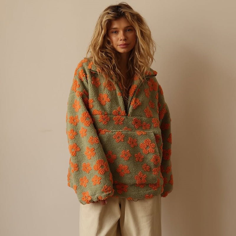 Erica Womens Floral Teddy Fleece Jacket with Half Zip in Orange