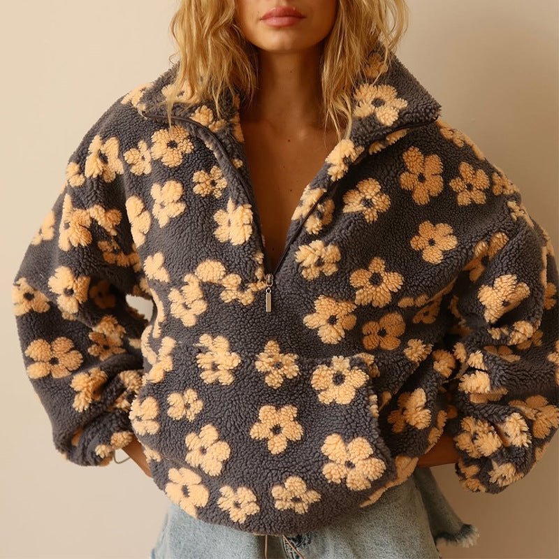 Erica Womens Floral Teddy Fleece Jacket with Half Zip in Yellow