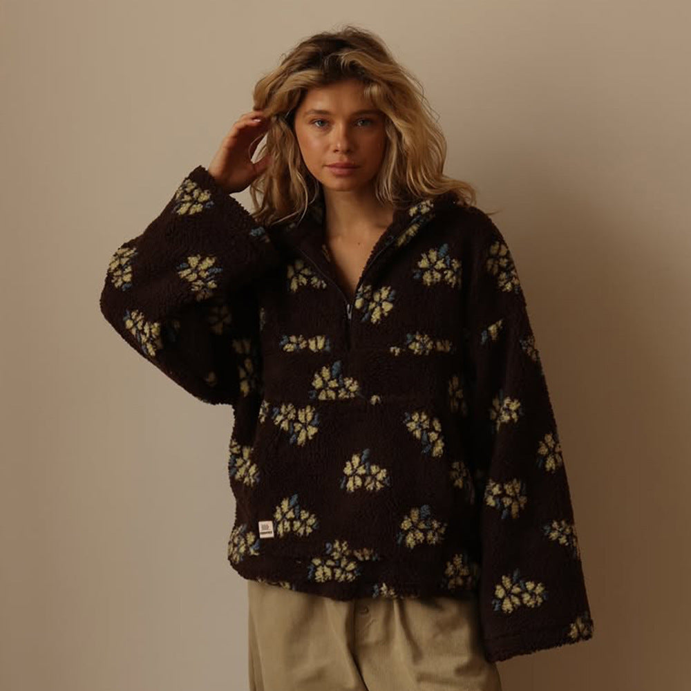 Erica Womens Floral Teddy Fleece Jacket with Half Zip in Brown